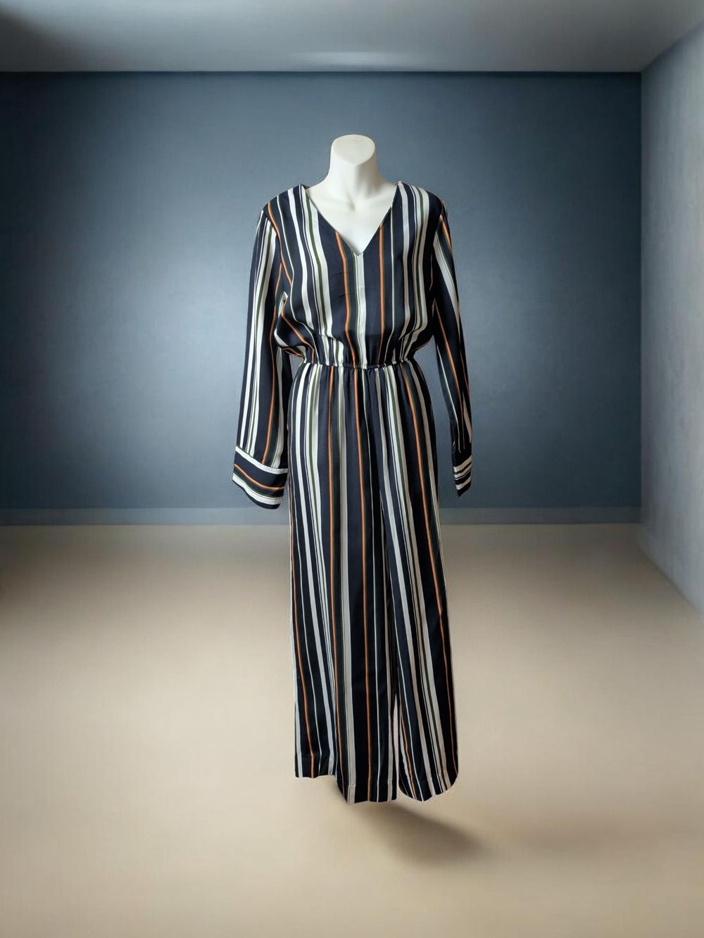 Striped V-Neck Long Sleeve Maxi Dress in Black, White & Tan